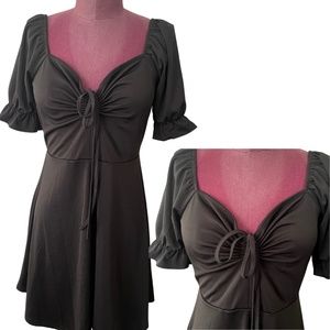 Black Peasant Milkmaid Fit and Flare Ruched Mini Dress | Size 12 Large XL